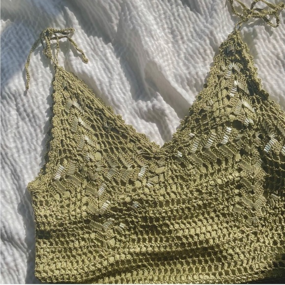 Very Vera Tops - Y2K Embellished Crochet Tie Sleeve Sage Top